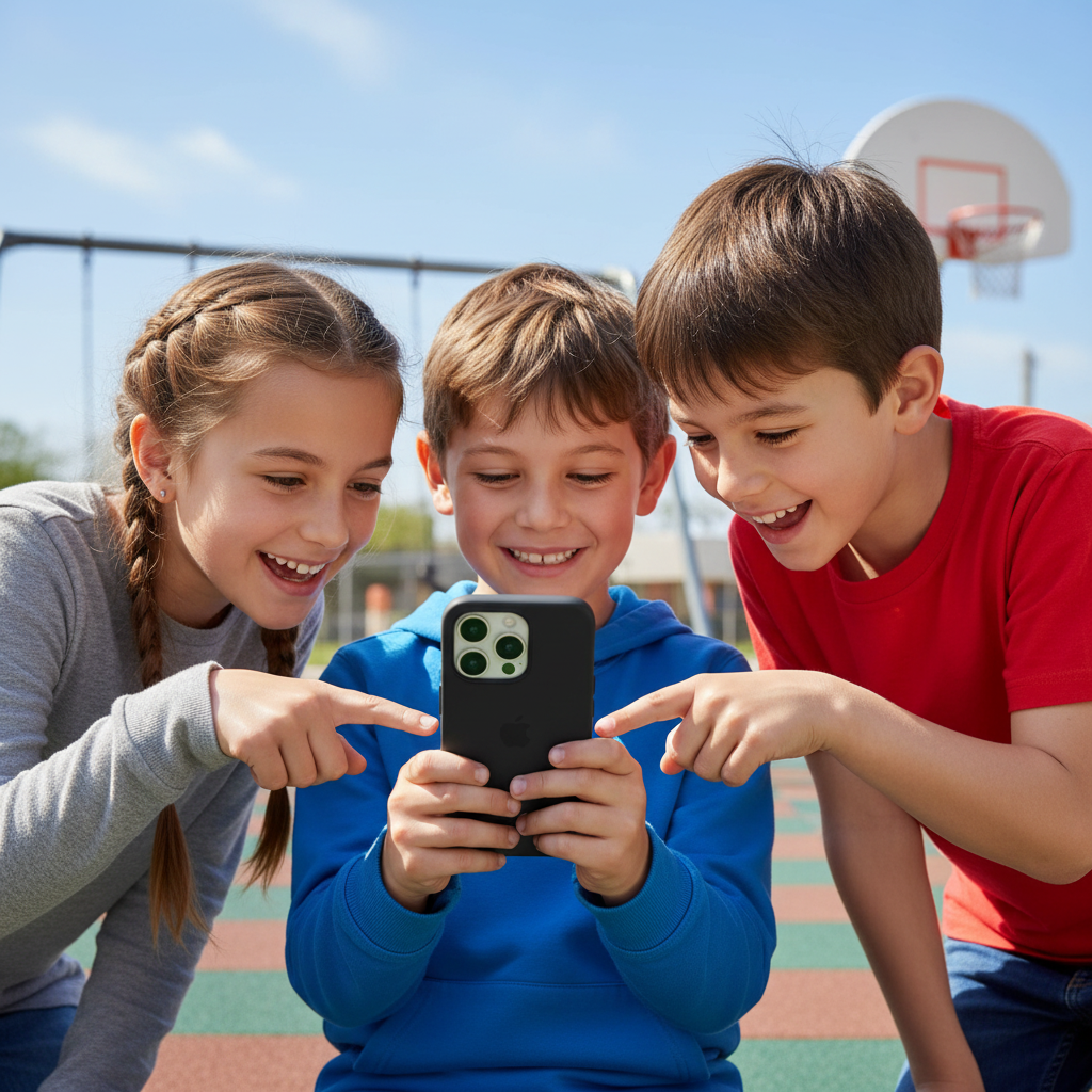 Kinderen die samen enthousiast naar een smartphone kijken op het schoolplein, als speelse verwijzing naar een digitale uitnodiging voor een kinderfeestje.