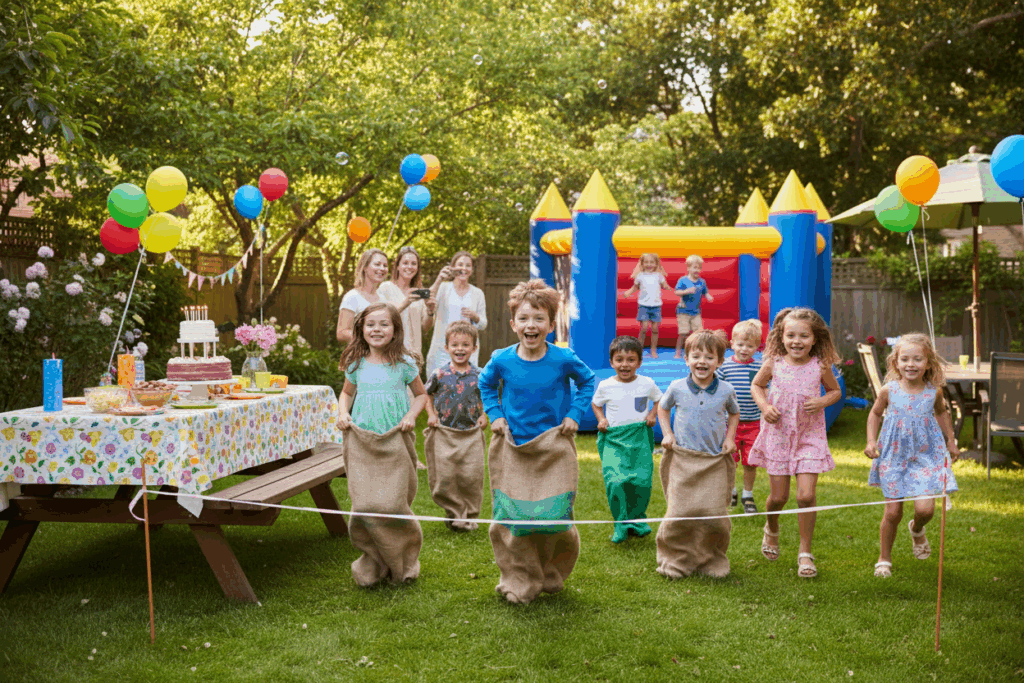 Kinderen die buiten een vrolijk kinderfeestje vieren met een zaklooprace, kleurrijke ballonnen, een feestelijk gedekte tafel en een springkussen in de tuin, terwijl ouders toekijken en foto’s maken.