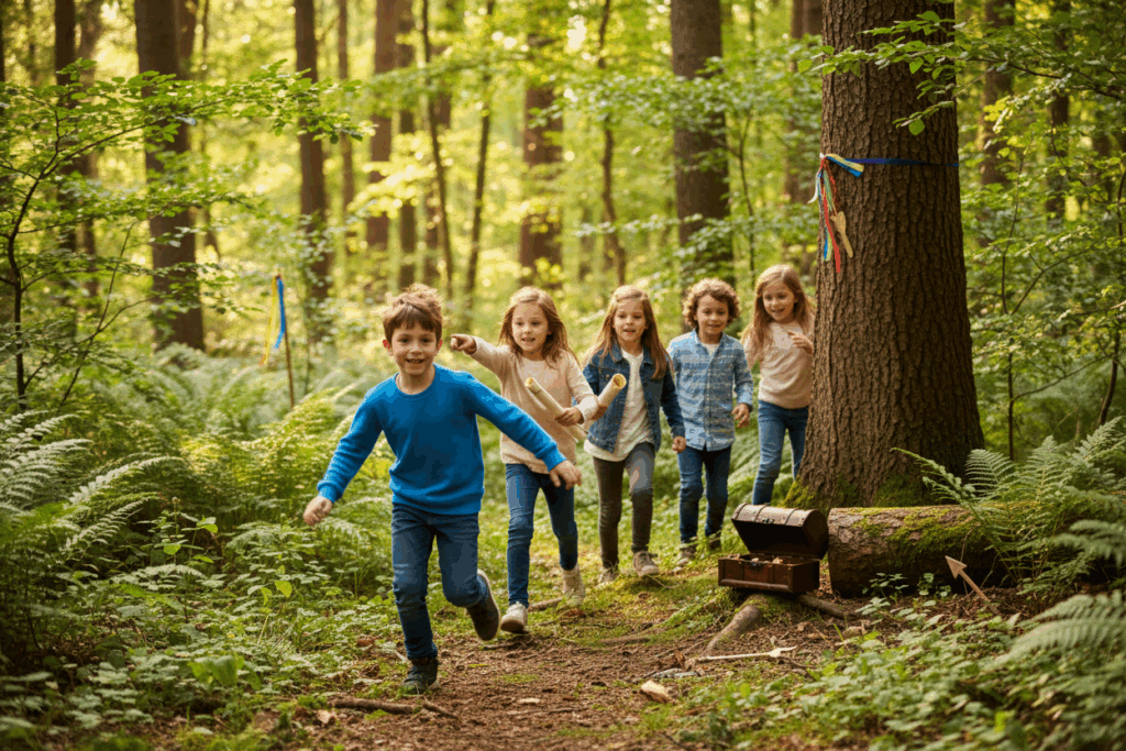 Kinderen die tijdens een speurtocht in het bos enthousiast op een pad rennen, langs linten aan bomen en een houten schatkist, omgeven door groen en zonlicht.